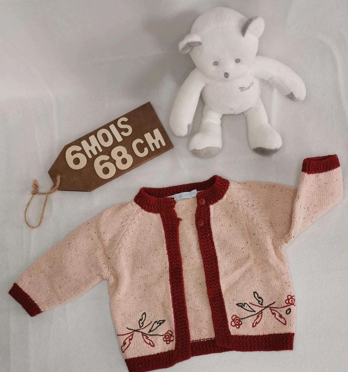 Gilet  👣  beige rosé rouge, obaïbi, laine,  6mois/67cm - photo numéro 3