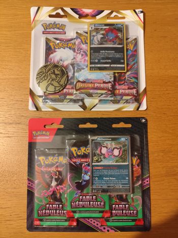 Lot deux tripacks cartes Pokémon EB11 Origine perdue EV6.5 Fable Nébuleuse