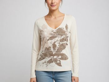 T shirt manches longues col V beige imprimé devant et dos Taille unique Promod