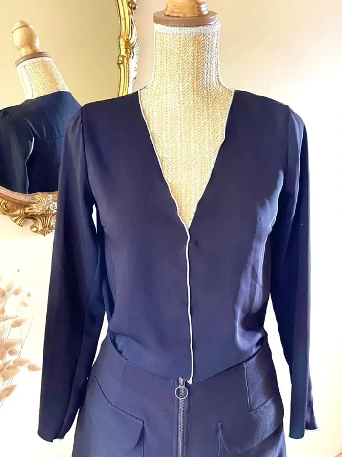 Sublime blouse chemise longue noir à liseré blanc fluide vintage - photo numéro 4