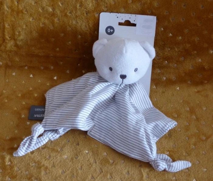 Doudou ours plat orchestra blanc gris rayé neuf