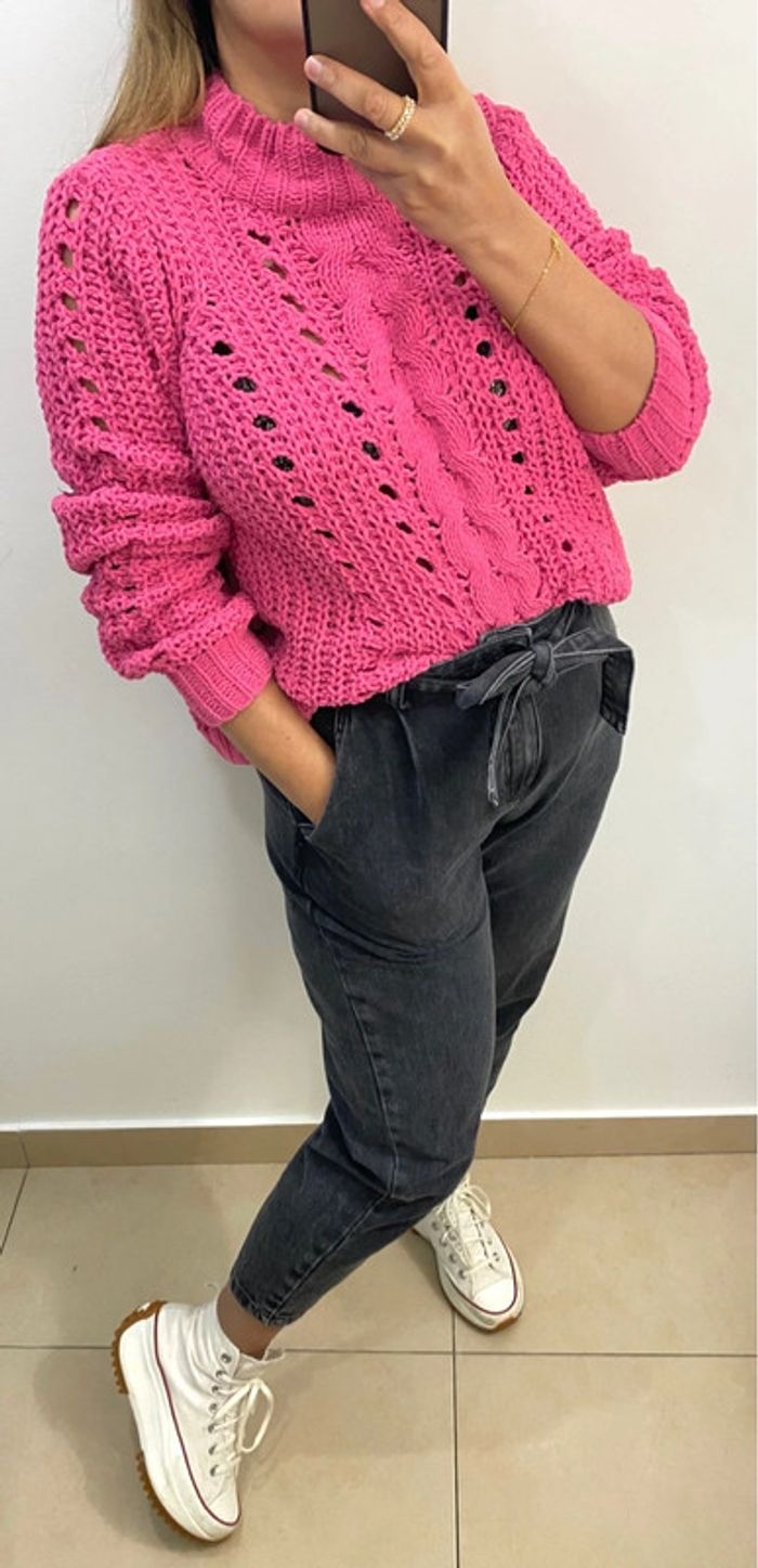Superbe Pull Ample Rose Maille Chenille Ajourée Taille S Et Plus - photo numéro 4