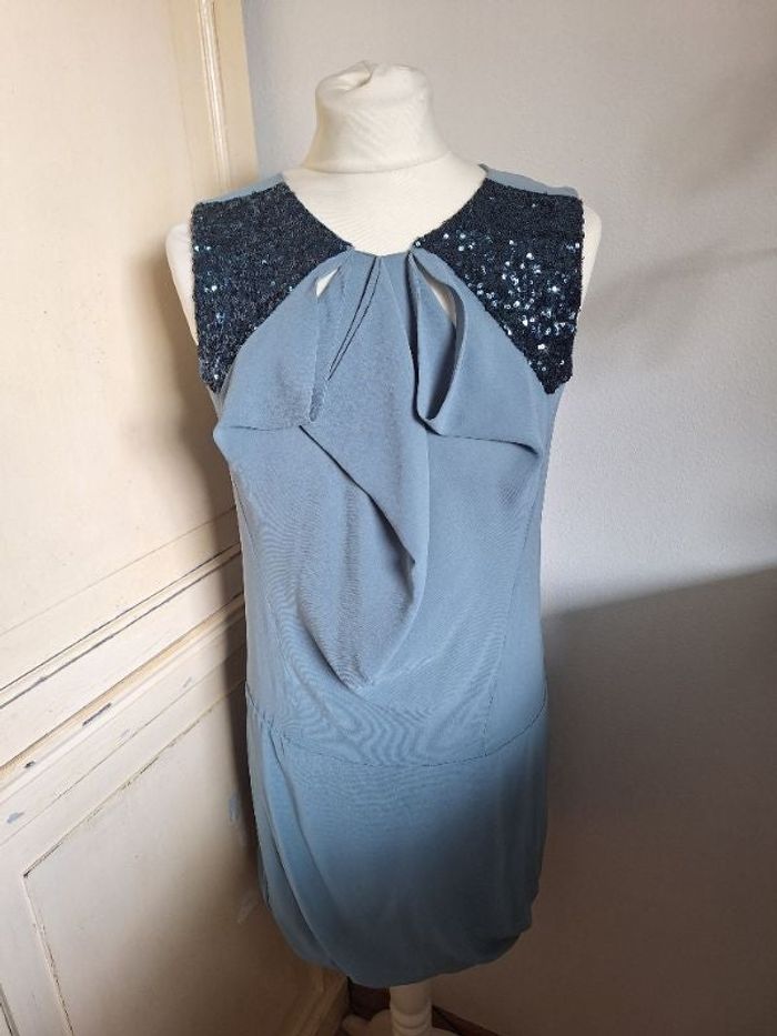 Robe en soie et sequins bleu pétrole Maje