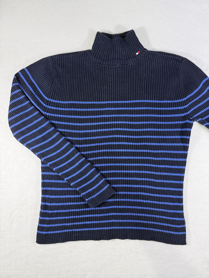 Pull Tommy Hilfiger noir & bleu rayé taille M pour femme col montant parfait état - photo numéro 2