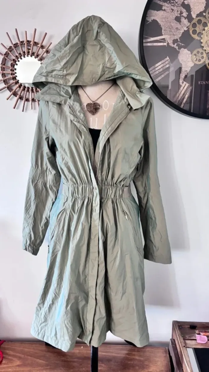 💕 parkas long imperméable cintré kaki taille 36 s - photo numéro 4