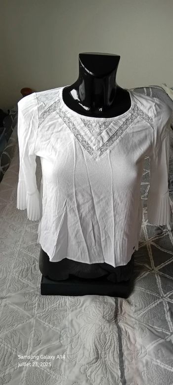 Blouse légère manches pagodes 3/4 avec plis et dentelle blanche femme S bonibo