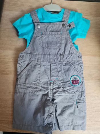 Ensemble salopette grise et polo bleu turquoise garçon Orchestra taille 12 mois neuf avec étiquette