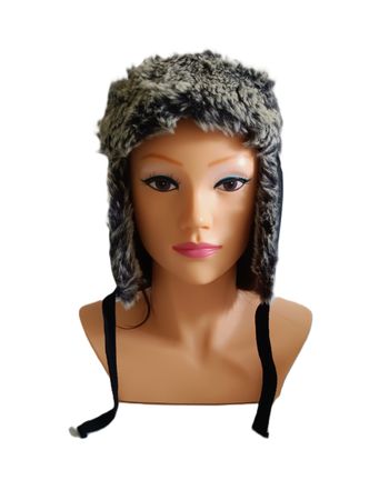 Bonnet cache oreilles. Chapka noir et beige. Fausse fourrure. Quechua. Taille S / M. 55 - 58 cm