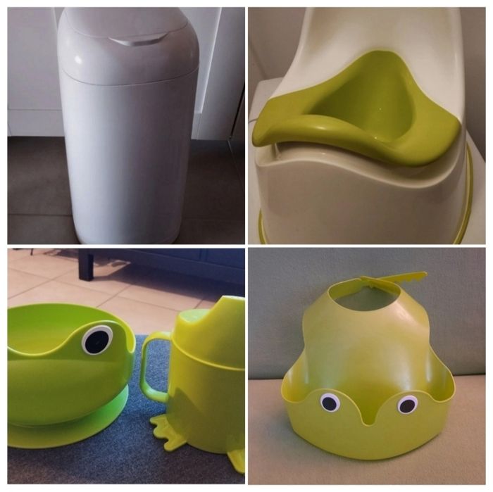 Lot 5 Accessoires Bébé Verts Grenouille Bavoir Assiette Poubelle À Couches Angelcare - photo numéro 9