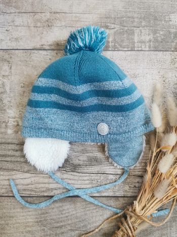 🌺OBAIBI très jolie bonnet 6mois 44cm bleu gris chaud ponpom bébé