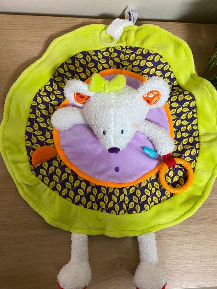 Doudou plat rond souris vert violet anneau dentition babysun - photo numéro 2