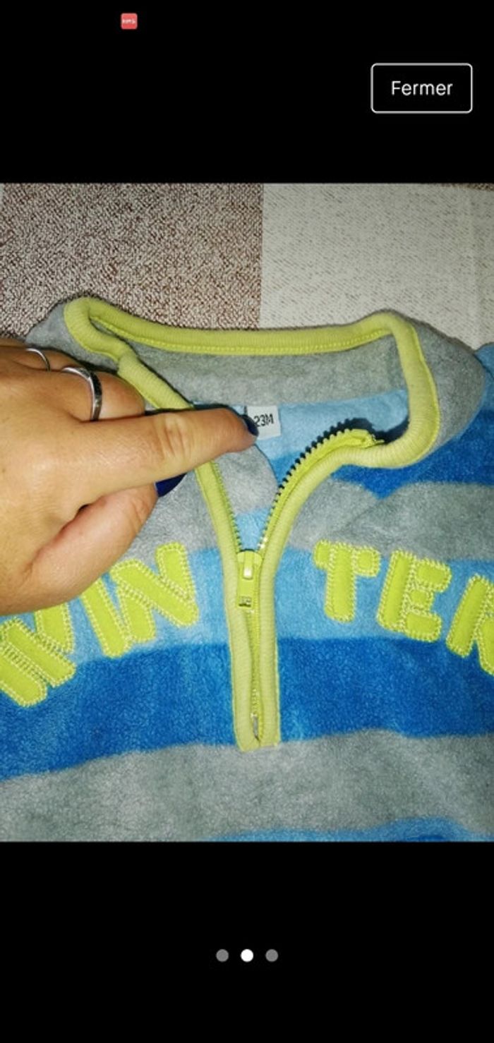 Polaire 24 mois col zippé rayé gris/bleu - photo numéro 2