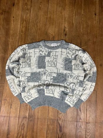 Pull maille vintage motifs gris blanc L
