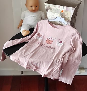 T-shirt ML fille rose motif sushi 8 ans