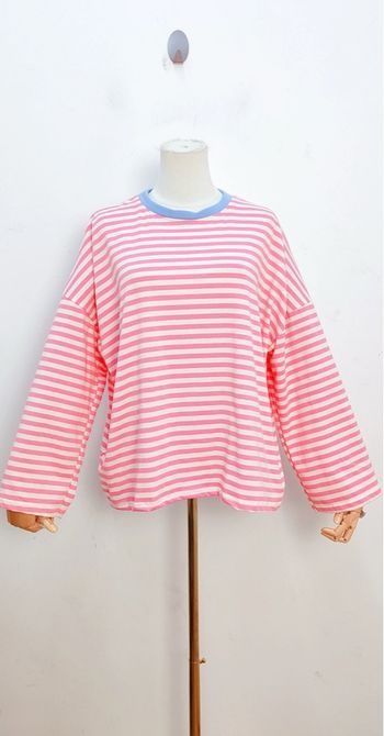 T-shirt rayé rose & blanc 💗 Style marinière oversize col bleu 