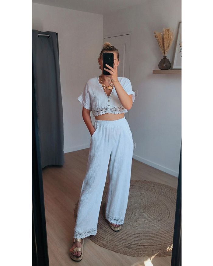 Ensemble 100% gaze de coton & dentelle Blanc – Fabriqué en Italie 🇮🇹