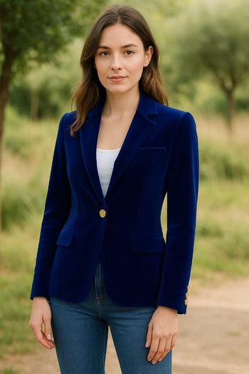 Blazer bleu roi en velours – coupe cintrée, boutons dorés, taille S