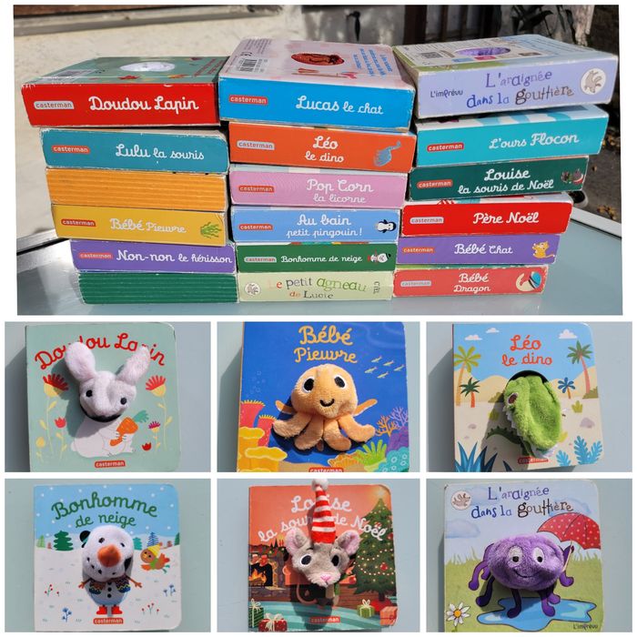 19 petits livres marionnettes : Doudou Lapin, bébé pieuvre, Léo le dino, bébé chat...