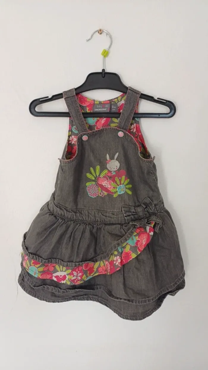 Robe jean fleuri fille-12 mois-Orchestra- bon état