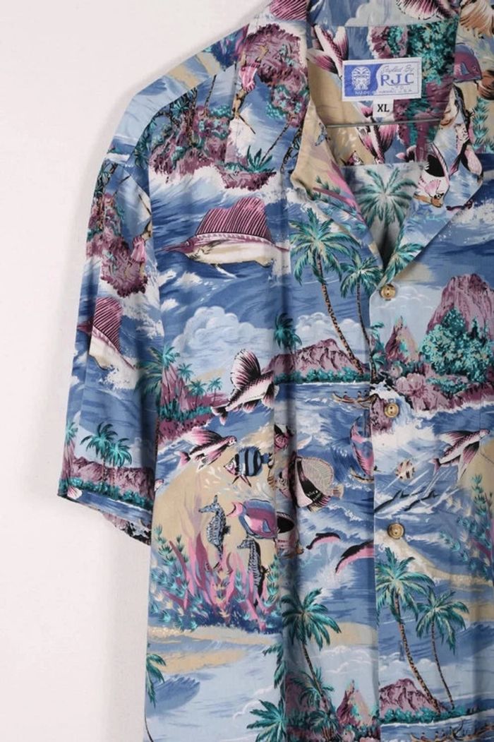 Chemise Hawaïenne vintage 90's en coton motif iles et poissons made in USA (#250025) - photo numéro 3