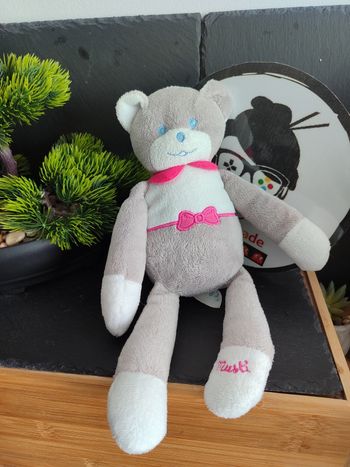 peluche musti mustela gris blanc rose noeud bleu Col Ours Longue Jambe Pantin