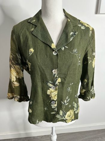 Blouse à fleurs en lin kaki et jaune Vintage T42 XL