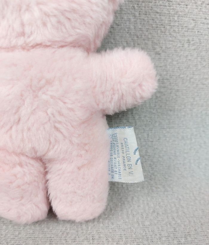 Doudou peluche ours rose TARTINE ET CHOCOLAT VINTAGE 17 cm yeux bleus dur rayure - photo numéro 5