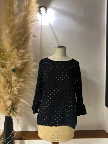 Blouse fluide 38 manches à volants bleu marine à pois blancs
