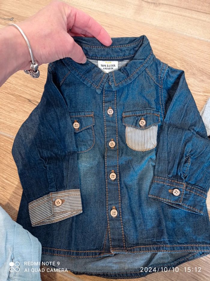 Ensemble chino vert+ 2 chemises jean + pull marinière 6 mois - photo numéro 3