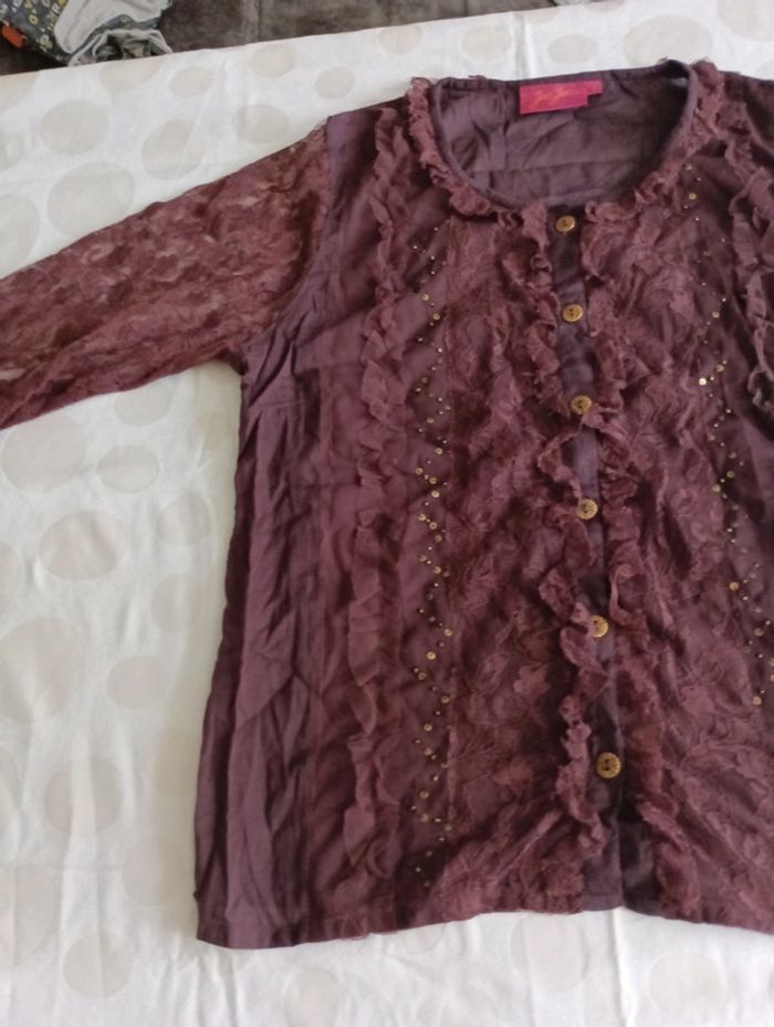 Chemisier blouse femme manches en dentelle JAC& JAC taille 2 froufrou et sequins rétro vintage - photo numéro 4