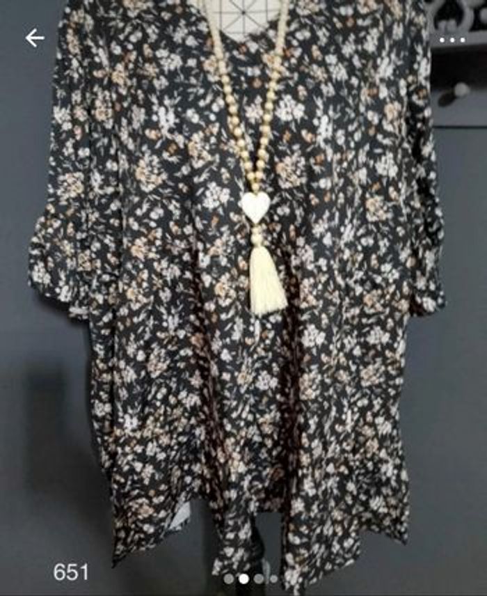 Blouse Noire Grande Taille 54 – Ample, Élégante à Imprimé Floral et Manches Tulipes 🌸