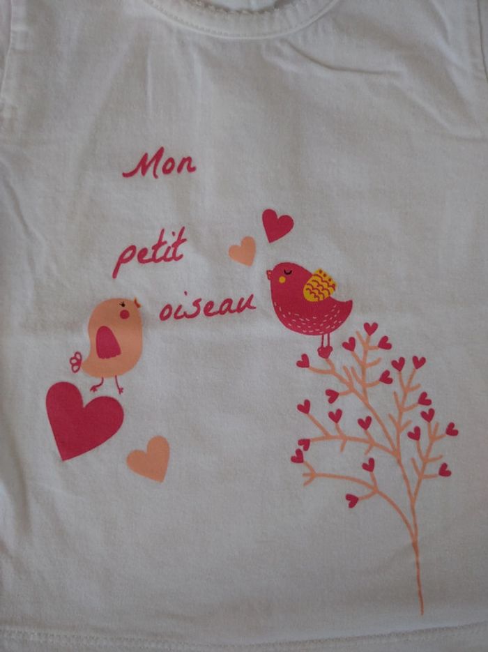 Tee shirt chemise manches courtes Fille 6 mois cœur mon petit Oiseau 100% coton - photo numéro 5