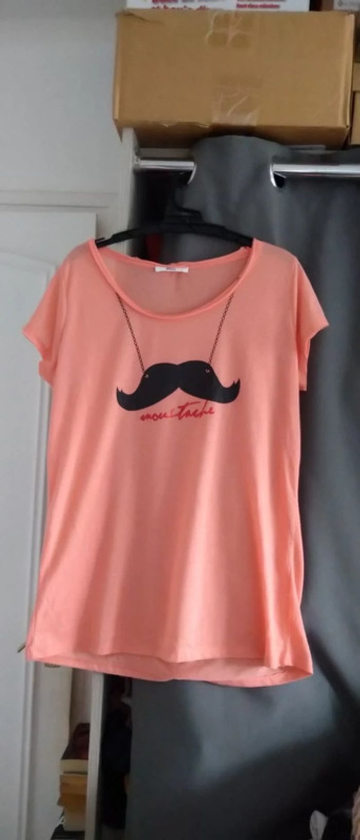 Tee shirt motif moustache corail femme L mim