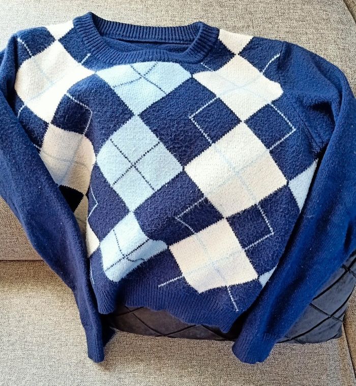 Pull léger bleu XS avec des motifs losanges - photo numéro 2