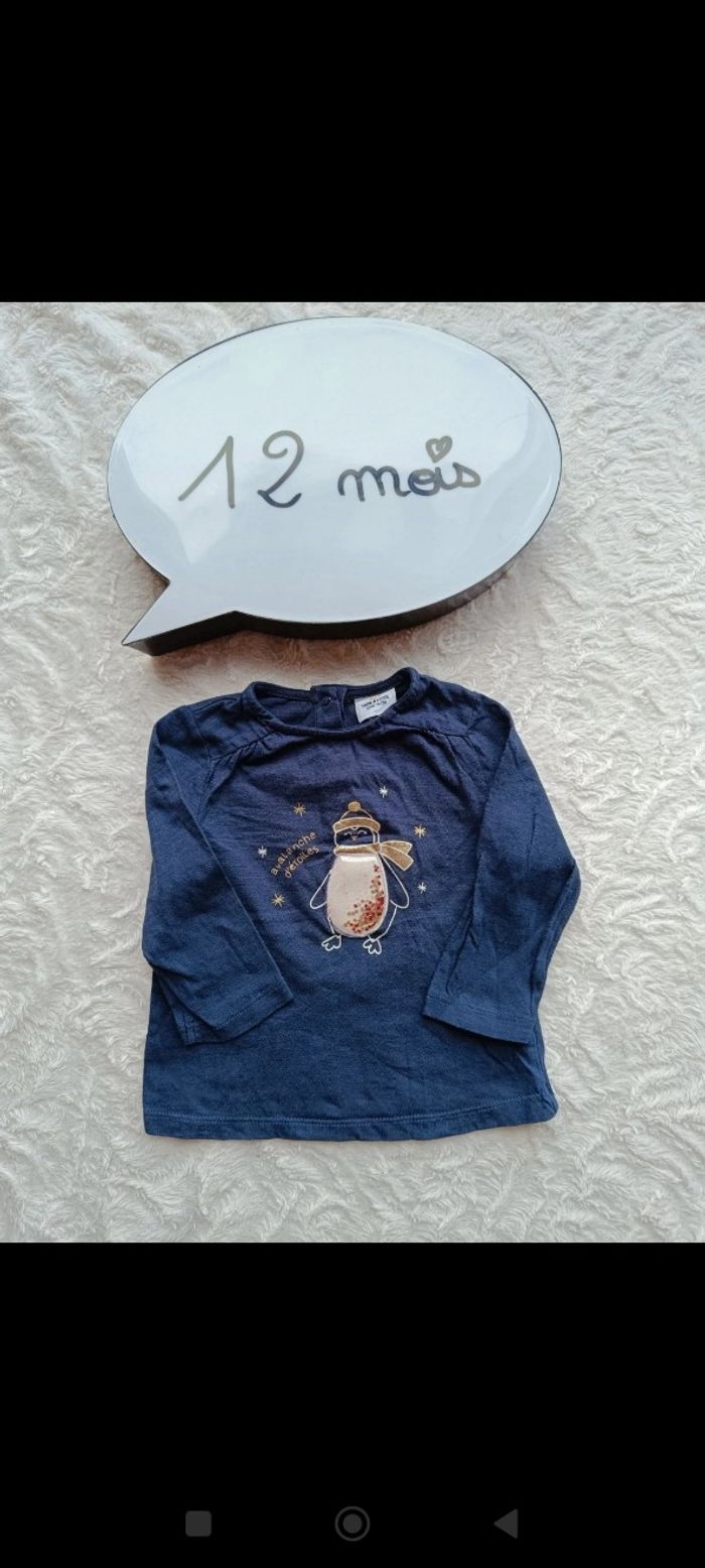 Tee shirt chemise manches longues Fille 12 mois pingouin Noël avalanche d'étoiles Tao 100% coton