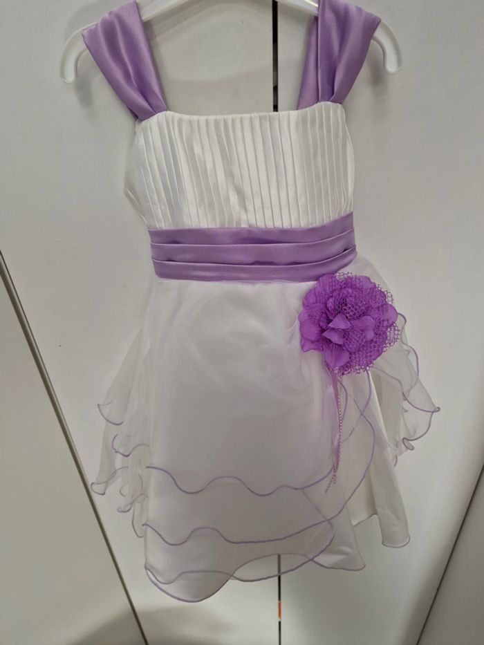 Robe Avec Boléro Baptême Cérémonie Mariage Blanc Lila Fleur Perles - photo numéro 12