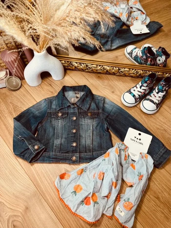 Taille 3 ans veste en jean et chèche fille Tao bleue * orange * 🌷