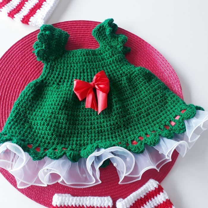 Vêtement bébé fille lutin Noël robe crochet dentelle noeud satin rouge - photo numéro 3