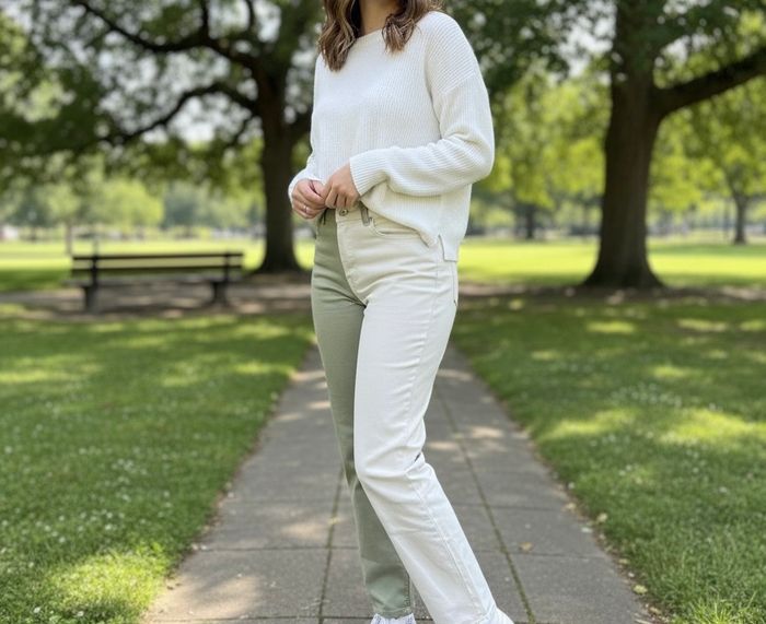 Jean de coupe droite coton bi-coloré vert/crème 38 jeune femme bershka état neuf y - photo numéro 3