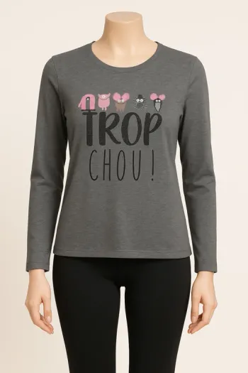 Haut de pyjama ETAM Gris avec inscription " Trop chou !" Taille XS Neuf avec étiquette