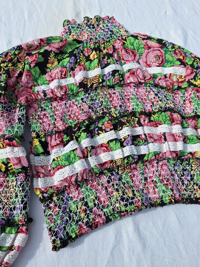 Blouse col cheminée chic smock fleurs bariolée dentelle haut habillé automne hiver polka chemisier - photo numéro 8