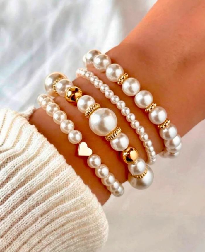 Lot de 4 bracelets perles blanches et or neuf - photo numéro 2