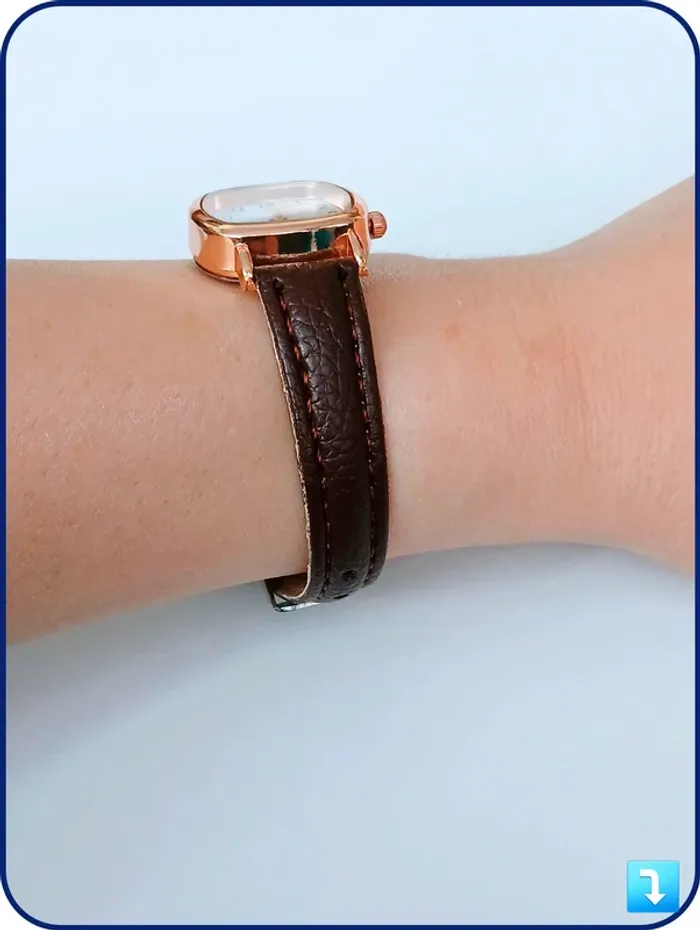 Montre rétro femme cadran carré rose gold | Bracelet marron chic style vintage - photo numéro 5