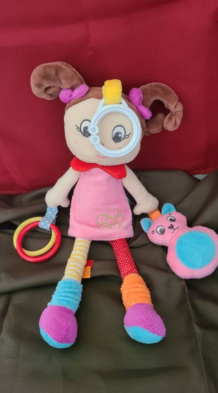 Doudou poupée fille rose rouge jaune orange anneau chat BABY NAT - photo numéro 2