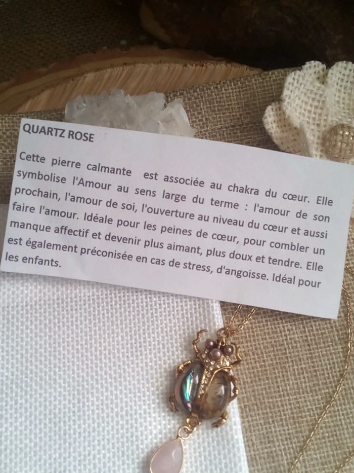 Collier scarabée ormeaux et pierre de quartz rose - photo numéro 2