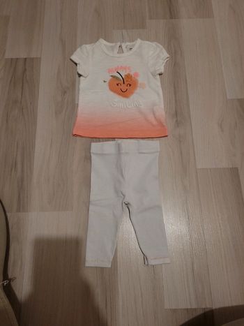 Ensemble 2 pièces bébé fille Tshirt Mc blanc corail  legging T3mois TBE orchestra