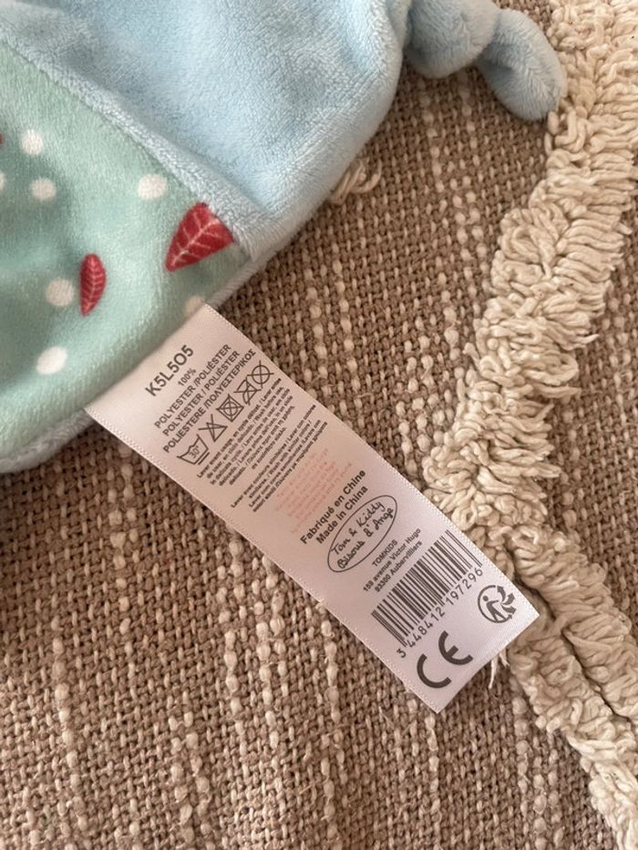 Peluche doudou plat 28cm Tom et kiddy paresseux bleu et blanc parfait état - photo numéro 4