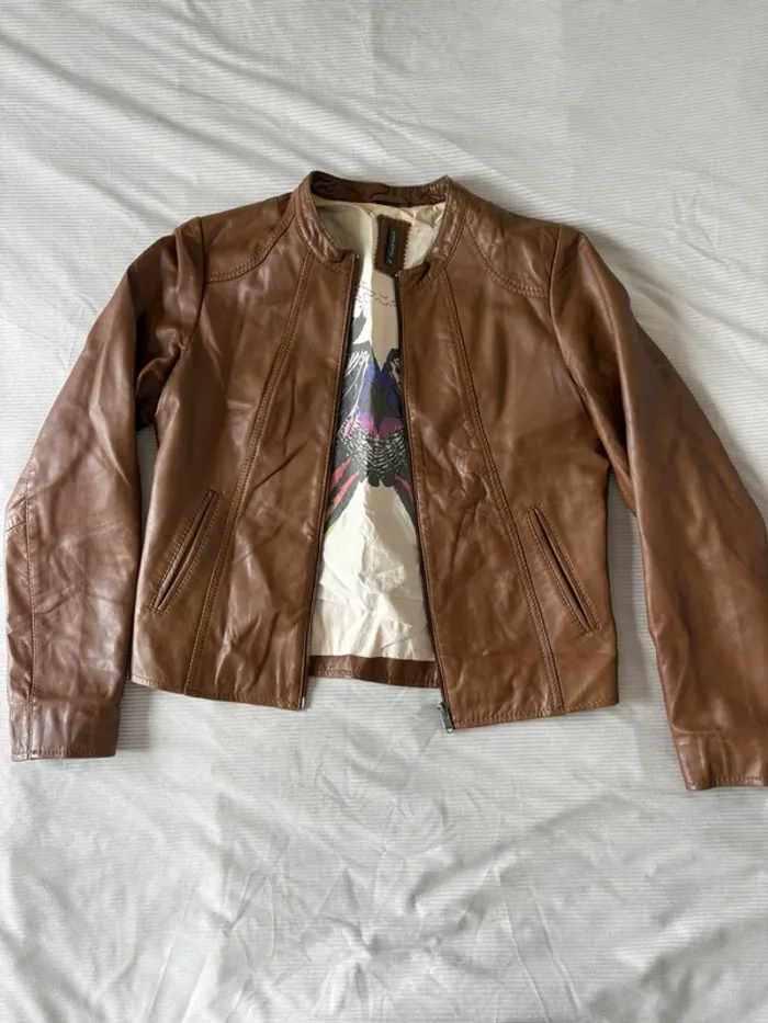 Veste en cuir marron Naf Naf 100% agneau – T.40