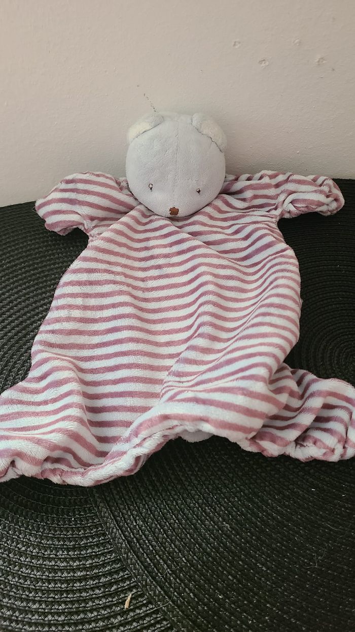 DOUDOU PETIT KIMBALOO OURS PLAT BLEU RAYE MARRON - photo numéro 3