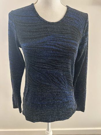 Blouse à manches longues zébrée paillettes argentées et bleu marine Vintage T38 M